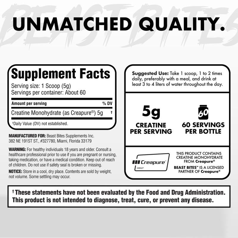Creapure Creatine Monohydrate Powder (300G / 60 Servings) - Beast Bites