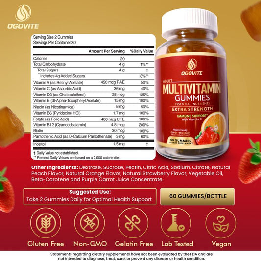 Ogovite Multivitamin Gummies | Natural Energy & Immune Health Support for Adults | Extra Strength with Vitamin C and B Vitamins | Vegan | Orange & Strawberry Flavor | 60 Gummies (1 Month Supply)